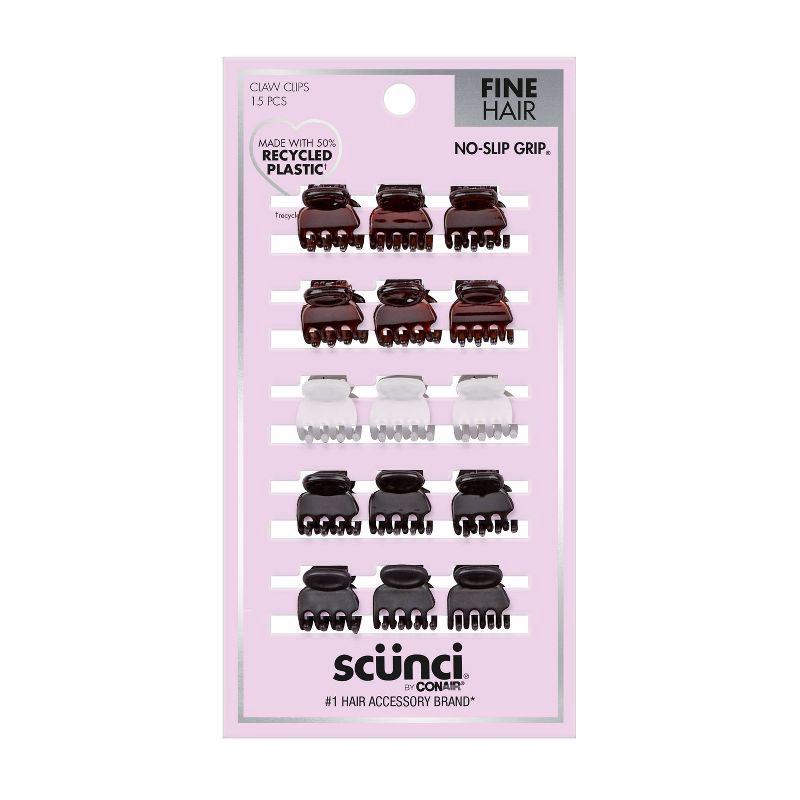 slide 1 of 7, scunci scünci No-Slip Grip Recycled Mini Claw Clips - Mixed Finish - Black/Brown/Clear - Fine Hair - 15pk, 15 ct