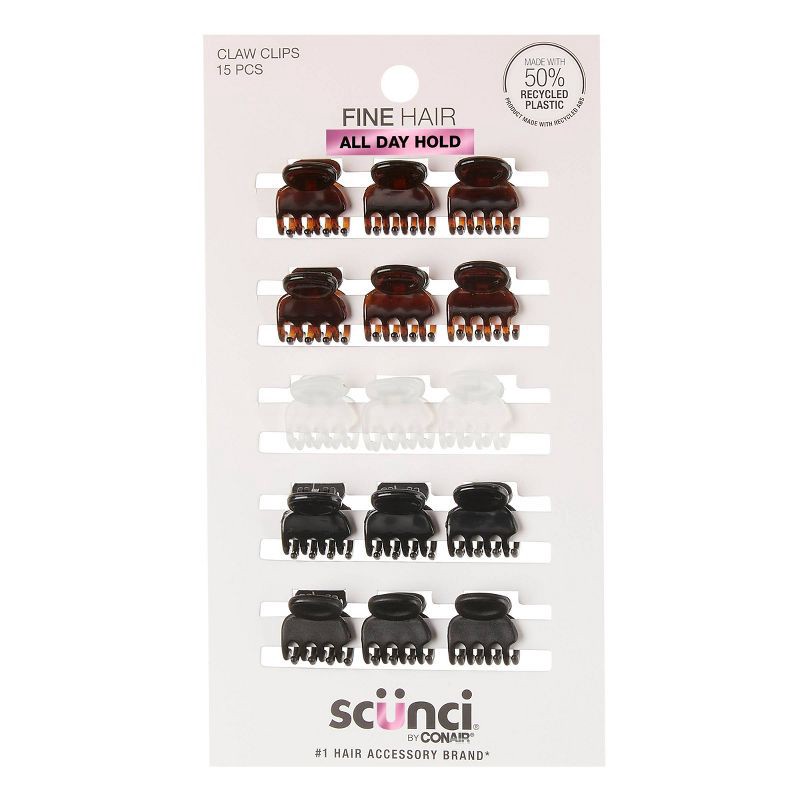 slide 1 of 7, scunci scünci No-Slip Grip Recycled Mini Claw Clips - Mixed Finish - Black/Brown/Clear - Fine Hair - 15pcs, 15 ct