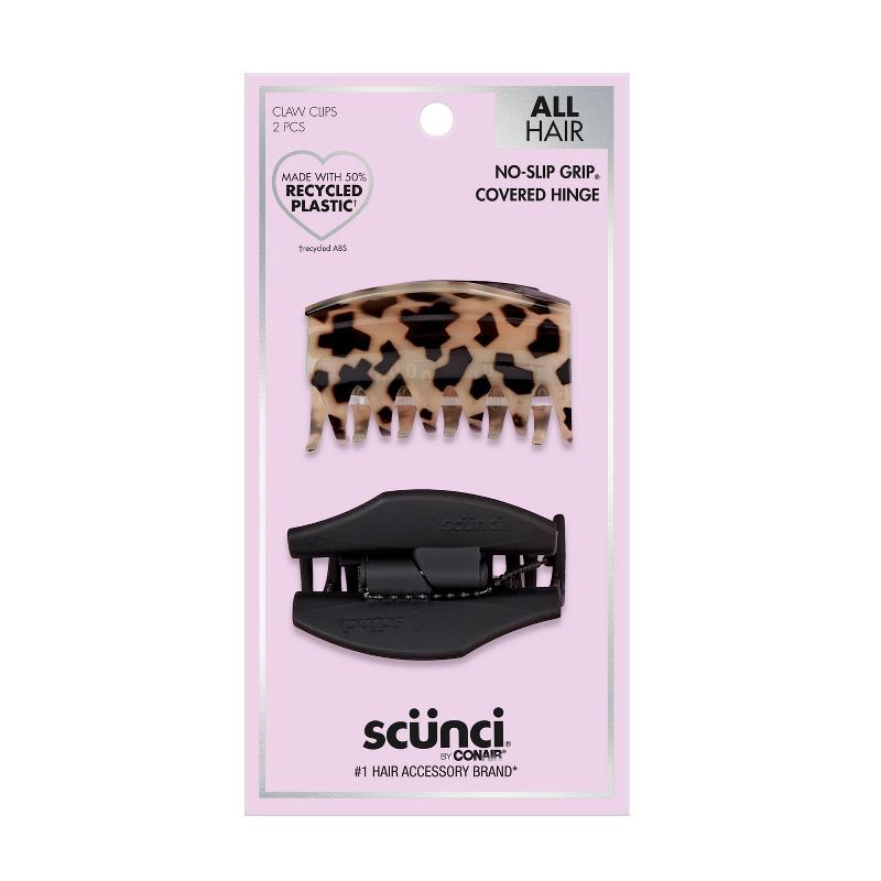 slide 1 of 5, scunci scünci No-Slip Grip Recycled Covered Hinge Claw Clips - Matte Black/Tortoise - All Hair - 2pk, 2 ct