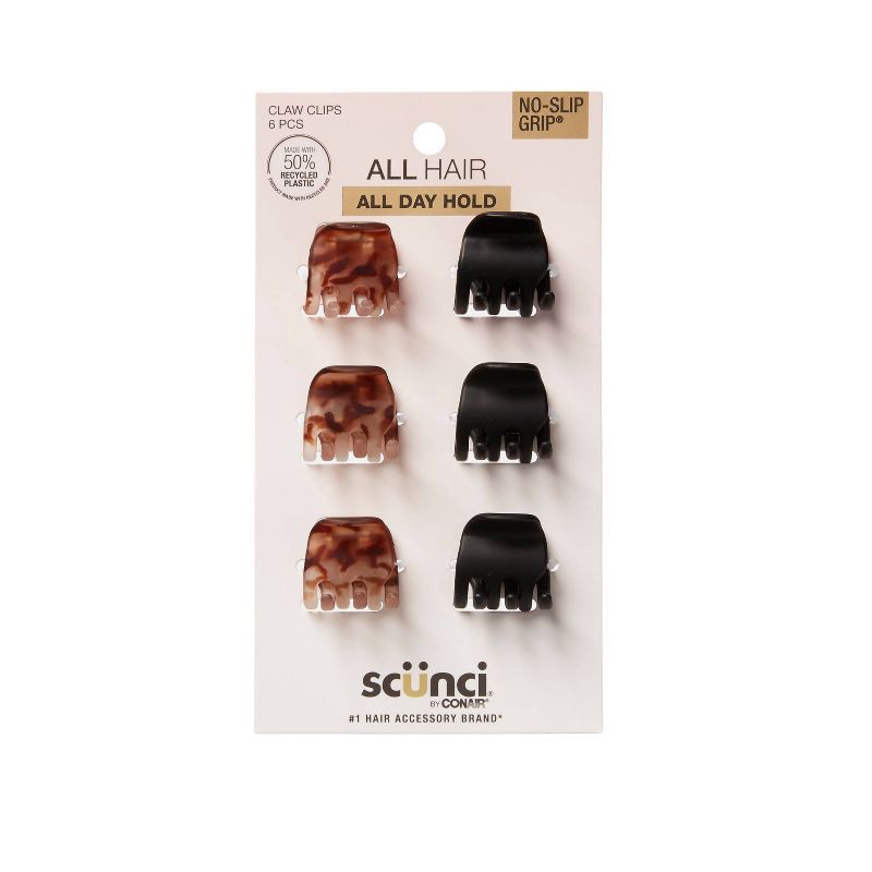 slide 1 of 7, scunci scünci No-Slip Grip Mini Claw Clips - Matte Tortoise/Black - All Hair - 6pcs: Hair Styling, Solid Pattern, 6 ct