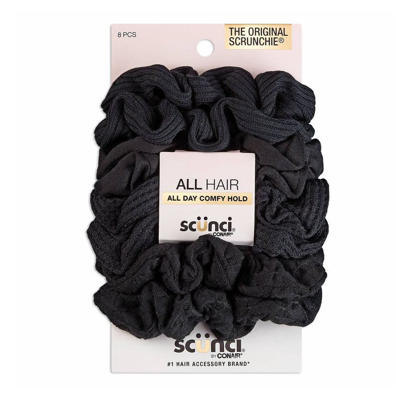 slide 1 of 8, scunci scünci No Damage Textured Scrunchies - Black - All Hair - 8pcs, 8 ct