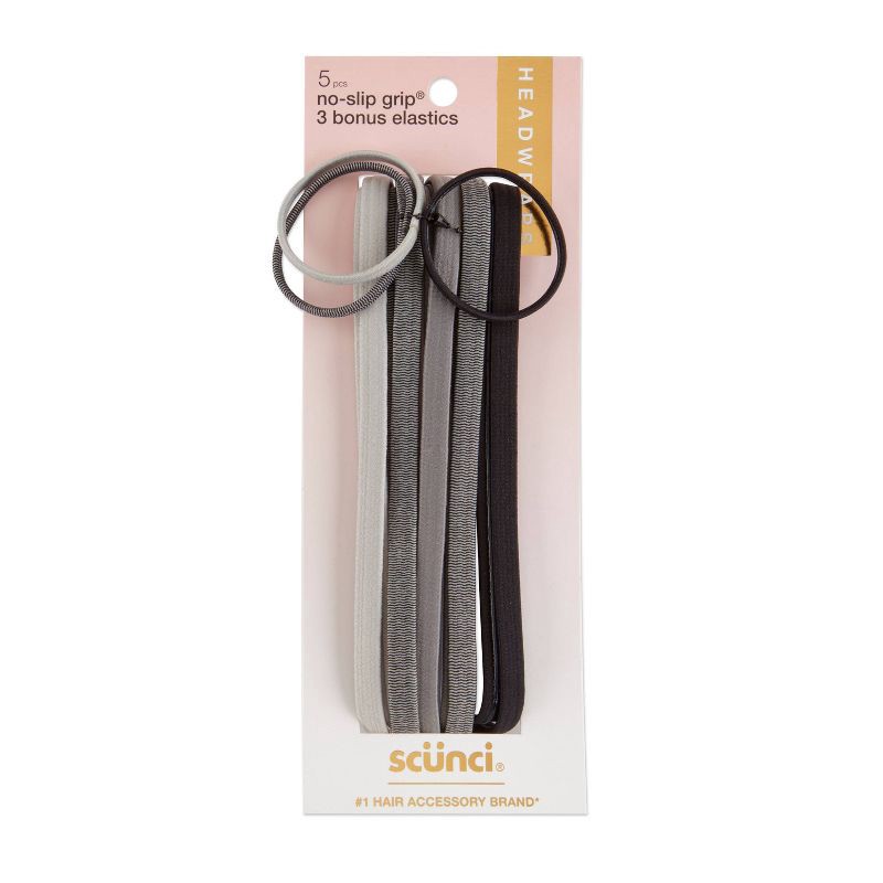 slide 1 of 7, scunci scünci No-Slip Grip Flat Elastic Headbands with Bonus Elastic Hair Ties - Grayscale - All Hair - 5pk, 5 ct