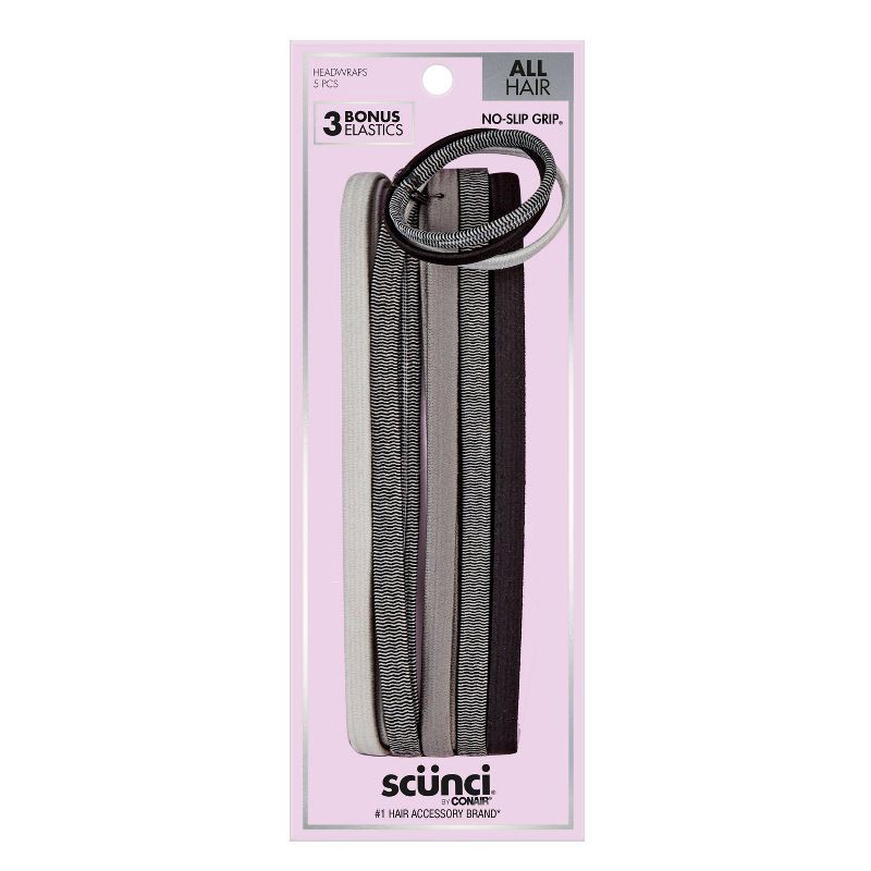 slide 1 of 8, scunci scünci No-Slip Grip Flat Elastic Headbands with Bonus Elastic Hair Ties - Grayscale - All Hair - 5pk, 5 ct