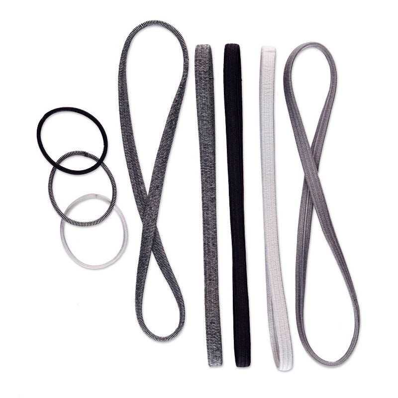 slide 3 of 8, scunci scünci No-Slip Grip Flat Elastic Headbands with Bonus Elastic Hair Ties - Grayscale - All Hair - 5pk, 5 ct