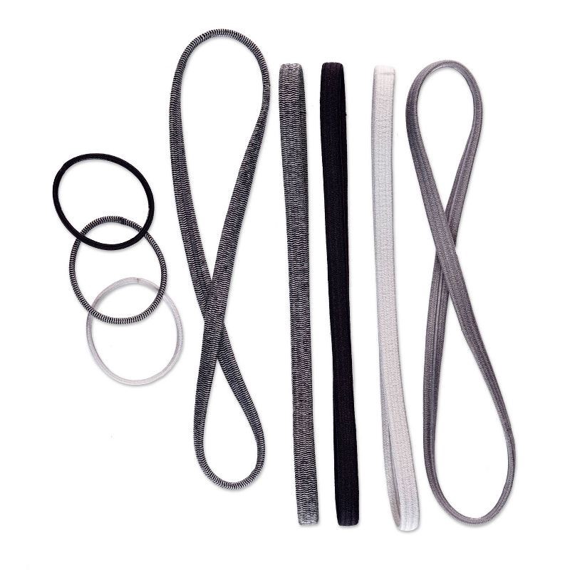 slide 3 of 7, scunci scünci No-Slip Grip Flat Elastic Headbands with Bonus Elastic Hair Ties - Grayscale - All Hair - 5pk, 5 ct