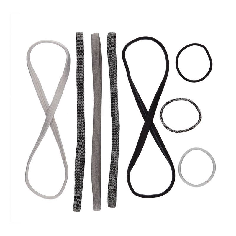 slide 5 of 8, scunci scünci No-Slip Grip Flat Elastic Headbands with Bonus Elastic Hair Ties - Grayscale - All Hair - 5pk, 5 ct