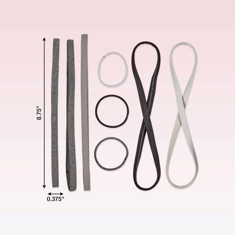 slide 8 of 8, scunci scünci No-Slip Grip Flat Elastic Headbands with Bonus Elastic Hair Ties - Grayscale - All Hair - 5pk, 5 ct