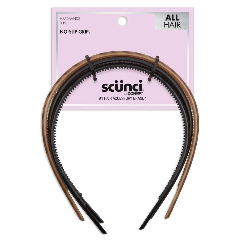 slide 1 of 6, scunci scünci No-Slip Grip Thin Plastic Headbands - Black/Brown/Mixed- All Hair - 3pk, 3 ct