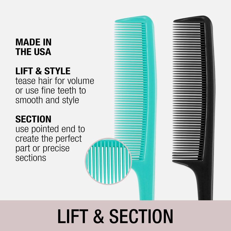 slide 3 of 8, Conair Volume, Lift, and Separate Fine-Tooth Tail Combs - Black/Teal - 2pk, 2 ct