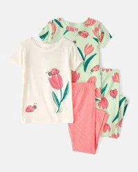 Carters Toddler Girl Ladybug Floral 100% Cotton Snug Fit 4-Piece Pajama Set - Pink/Green Multi 5T