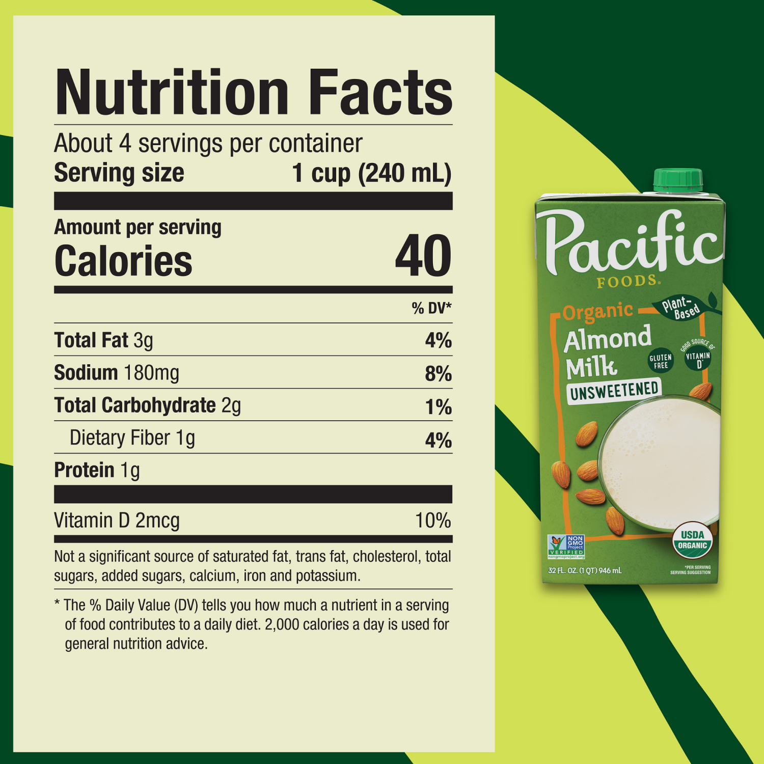 slide 3 of 6, Pacific Foods Organic Unsweetened Almond Milk, Plant Based Milk, 32 oz Carton, 32.000 fl oz