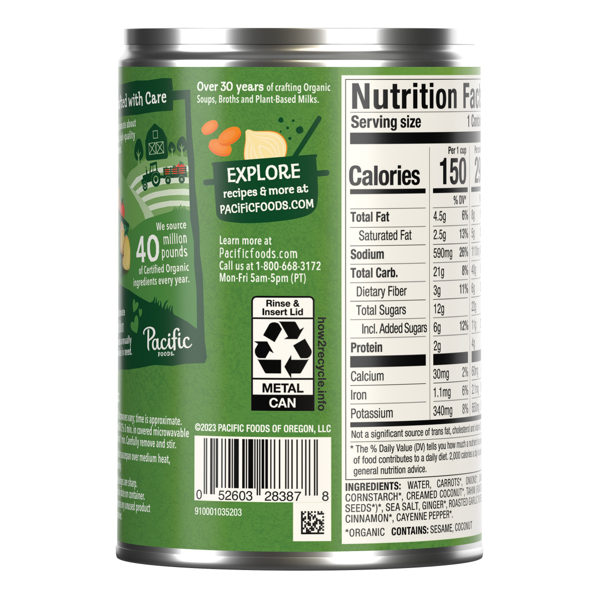 slide 5 of 5, Pacific Foods Organic Carrot Ginger Bisque, Plant Based, 16.3 oz Can, 16.30 oz