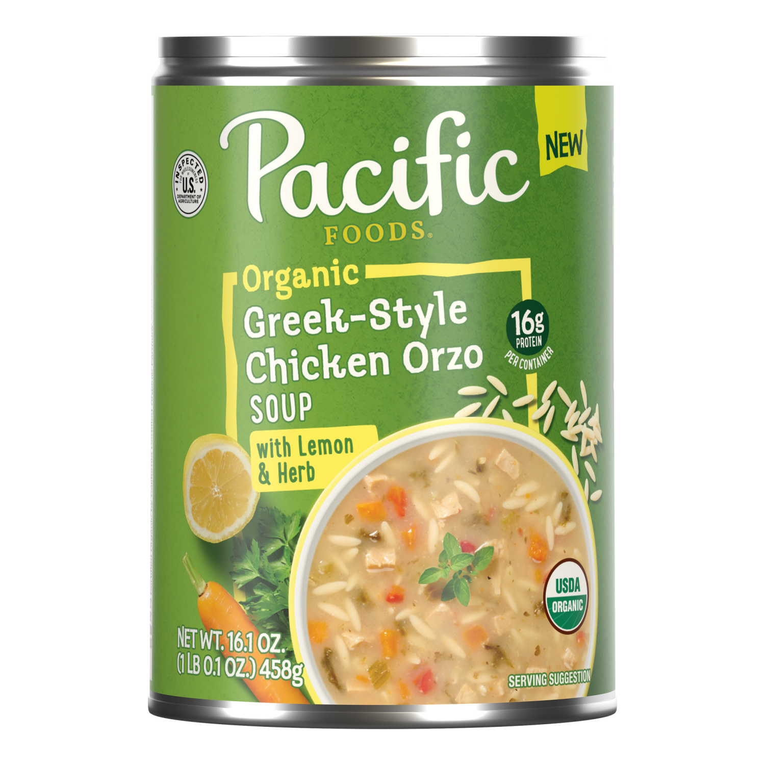 slide 1 of 6, Pacific Foods Organic Greek-Style Chicken Orzo Soup With Lemon and Herb, 16.1 oz Can, 16.1 oz
