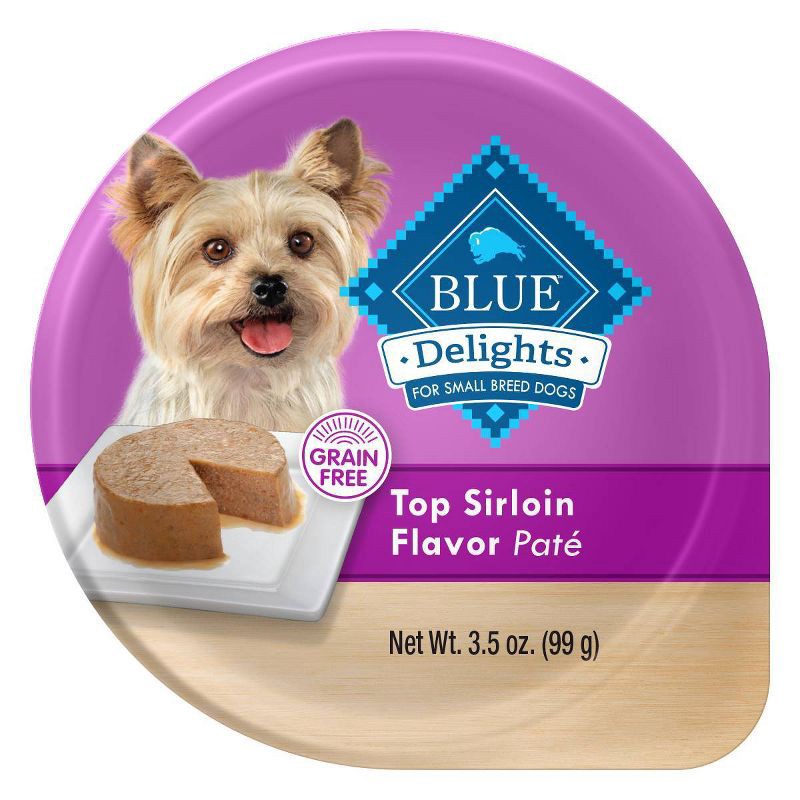 slide 1 of 4, Blue Buffalo Delights Natural Adult Small Breed Wet Dog Food Cup, Pate Style, Top Sirloin Beef Flavor in Savory Juice - 3.5oz, 3.5 oz