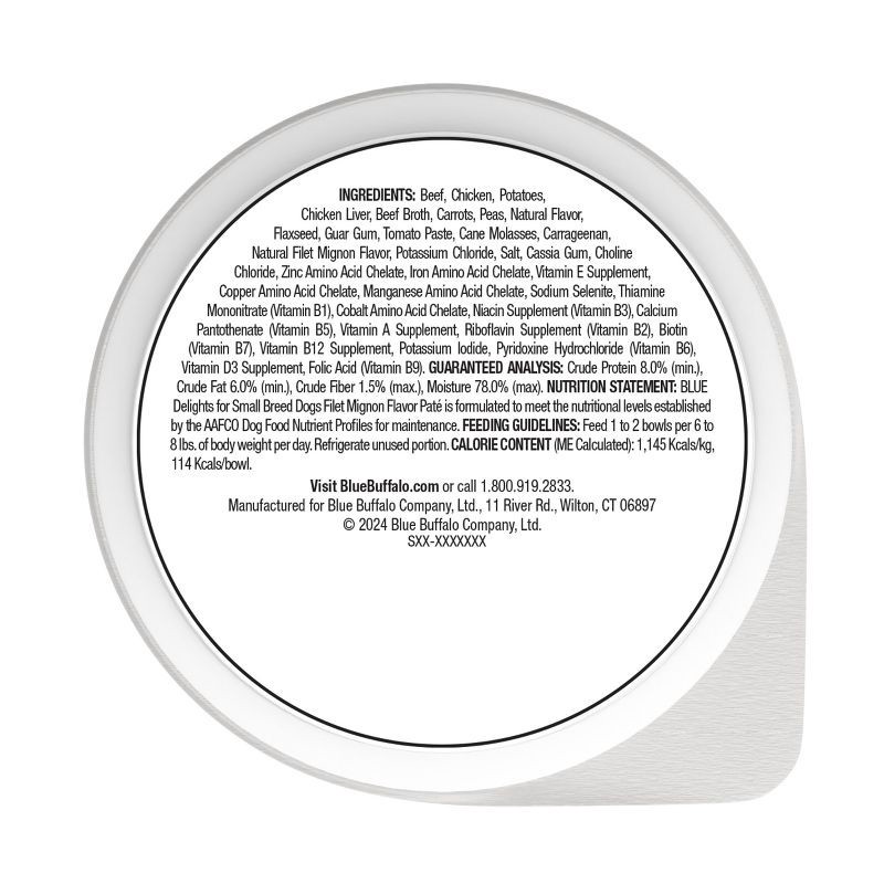 slide 2 of 9, Blue Buffalo Delights Natural Adult Small Breed Wet Dog Food Cup, Pate Style, Filet Mignon Beef Flavor in Savory Juice - 3.5oz, 3.5 oz