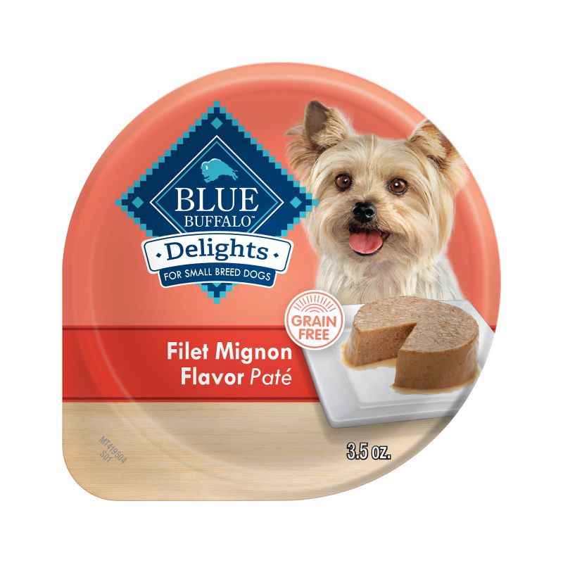 slide 1 of 9, Blue Buffalo Delights Natural Adult Small Breed Wet Dog Food Cup, Pate Style, Filet Mignon Beef Flavor in Savory Juice - 3.5oz, 3.5 oz