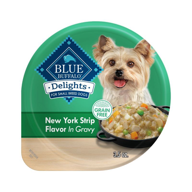 slide 1 of 9, Blue Buffalo Delights Natural Adult Small Breed Wet Dog Food Cup New York Strip Beef Flavor in Hearty Gravy - 3.5oz, 3.5 oz