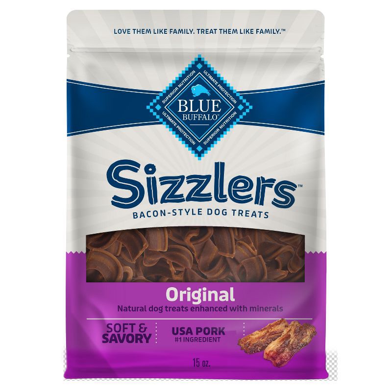 slide 1 of 9, Blue Buffalo Sizzlers Natural Bacon-Style Soft-Moist Dog Treats Original Pork - 15oz, 15 oz