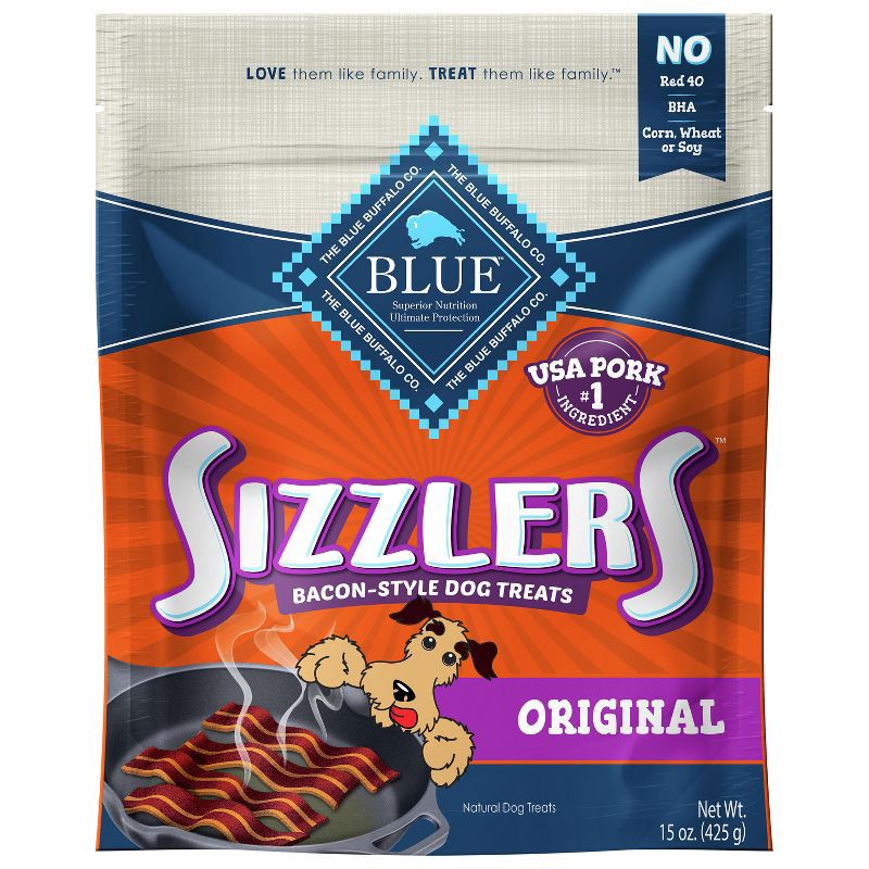 slide 1 of 4, Blue Buffalo Sizzlers Natural Bacon-Style Soft-Moist Dog Treats Original Pork - 15oz, 15 oz