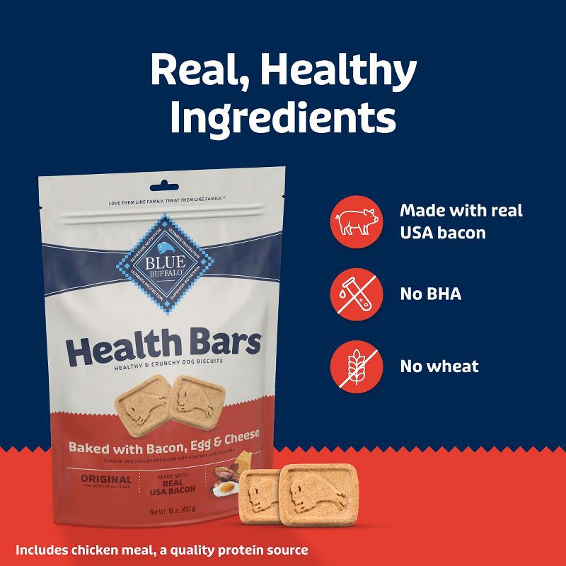 slide 6 of 9, Blue Buffalo Health Bars Natural Crunchy Dog Treats Biscuits with Bacon, Egg & Cheese Flavor - 16oz, 16 oz
