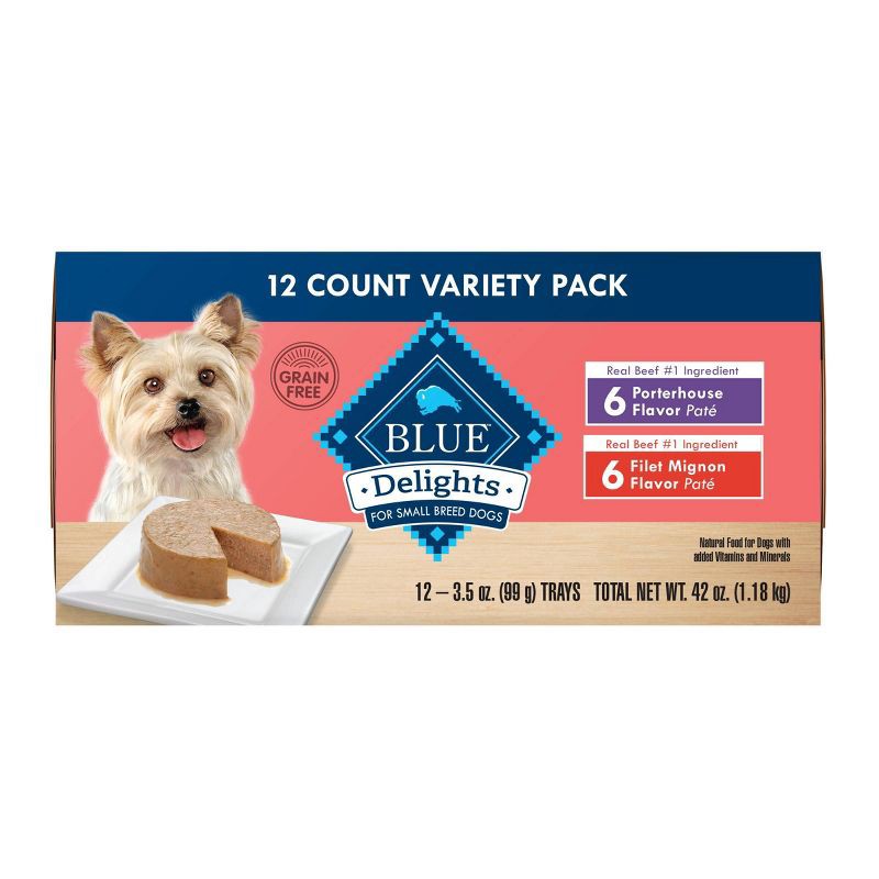 slide 2 of 5, Blue Buffalo Delights Grain Free Paté Small Breed Wet Dog Food with Beef in Porterhouse & Filet Mignon Flavors - 3.5oz/12ct Variety Pack, 12 ct; 3.5 oz