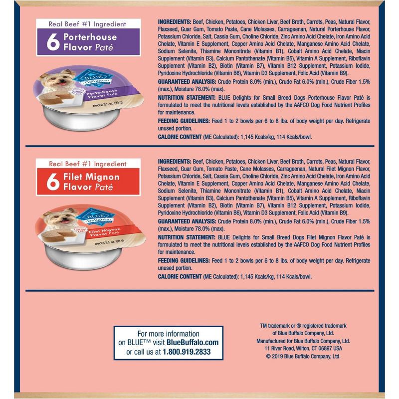 slide 3 of 5, Blue Buffalo Delights Grain Free Paté Small Breed Wet Dog Food with Beef in Porterhouse & Filet Mignon Flavors - 3.5oz/12ct Variety Pack, 12 ct; 3.5 oz