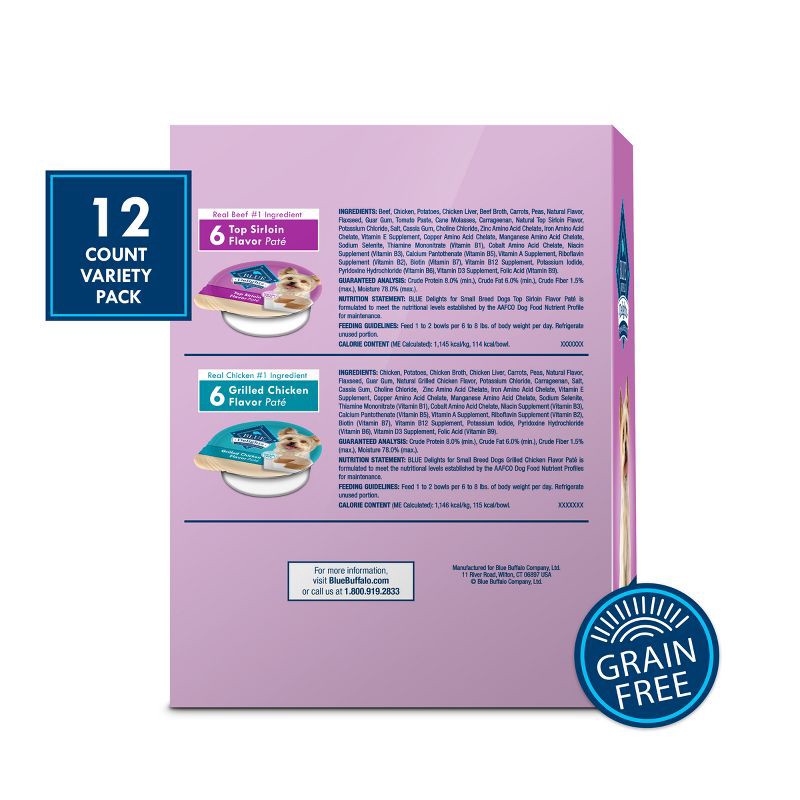 slide 3 of 11, Blue Buffalo Delights Natural Adult Small Breed Wet Dog Food Cups Pate Style, Grilled Chicken & Top Sirloin Beef Flavor - 3.5oz/12ct, 12 ct; 3.5 oz