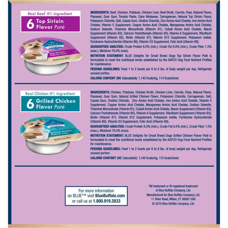 slide 3 of 5, Blue Buffalo Delights Natural Adult Small Breed Wet Dog Food Cups Pate Style, Grilled Chicken & Top Sirloin Beef Flavor - 3.5oz/12ct, 12 ct; 3.5 oz