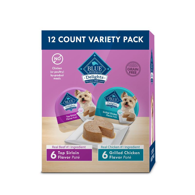 slide 1 of 11, Blue Buffalo Delights Natural Adult Small Breed Wet Dog Food Cups Pate Style, Grilled Chicken & Top Sirloin Beef Flavor - 3.5oz/12ct, 12 ct; 3.5 oz