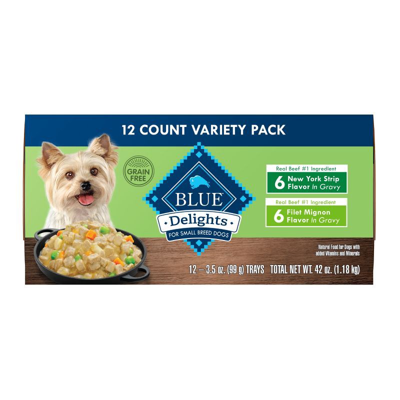 slide 2 of 11, Blue Buffalo Delights Natural Adult Small Breed Wet Dog Food Cups Variety Pack In Hearty Gravy, Filet Mignon Beef & New York Strip - 3.5oz/12ct, 12 ct; 3.5 oz