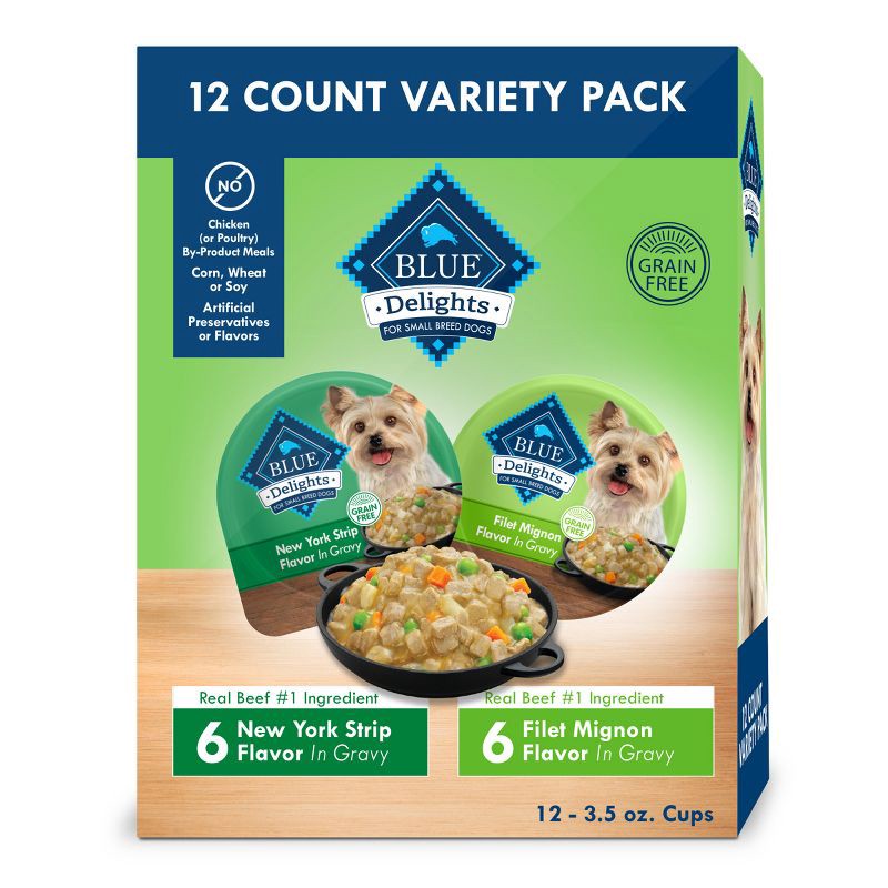 slide 1 of 11, Blue Buffalo Delights Natural Adult Small Breed Wet Dog Food Cups Variety Pack In Hearty Gravy, Filet Mignon Beef & New York Strip - 3.5oz/12ct, 12 ct; 3.5 oz