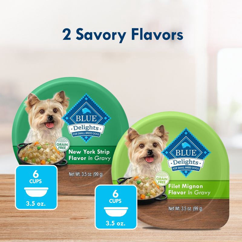 slide 3 of 11, Blue Buffalo Delights Natural Adult Small Breed Wet Dog Food Cups Variety Pack In Hearty Gravy, Filet Mignon Beef & New York Strip - 3.5oz/12ct, 12 ct; 3.5 oz