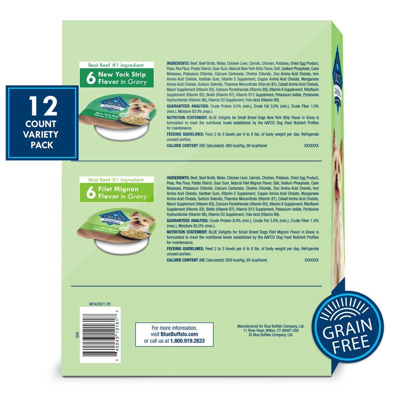 slide 11 of 11, Blue Buffalo Delights Natural Adult Small Breed Wet Dog Food Cups Variety Pack In Hearty Gravy, Filet Mignon Beef & New York Strip - 3.5oz/12ct, 12 ct; 3.5 oz