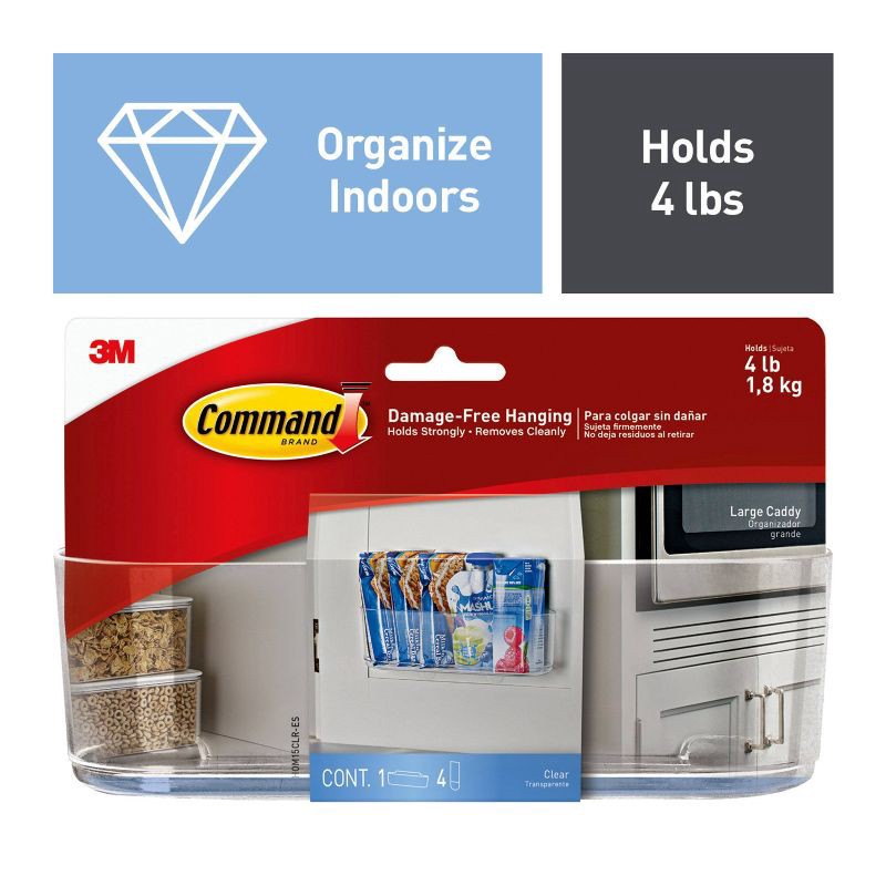 slide 2 of 10, Command Large Sized Caddy with Strips: Clear Plastic Wall Organizer, Universal Storage, Command Strip Shelf, 4lb Capacity, 4 lb