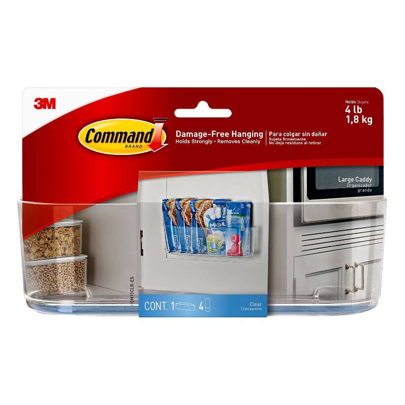 slide 1 of 10, Command Large Sized Caddy with Strips: Clear Plastic Wall Organizer, Universal Storage, Command Strip Shelf, 4lb Capacity, 4 lb