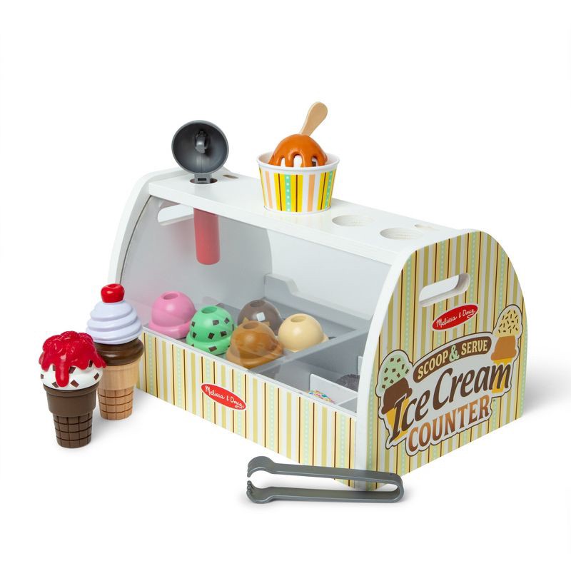 slide 1 of 11, Melissa & Doug Wooden Scoop and Serve Ice Cream Counter With Play Food and Accessories - 28pc: Pretend Kitchen Playset, 28 ct