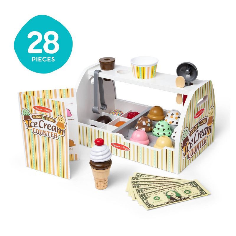 slide 9 of 11, Melissa & Doug Wooden Scoop and Serve Ice Cream Counter With Play Food and Accessories - 28pc: Pretend Kitchen Playset, 28 ct