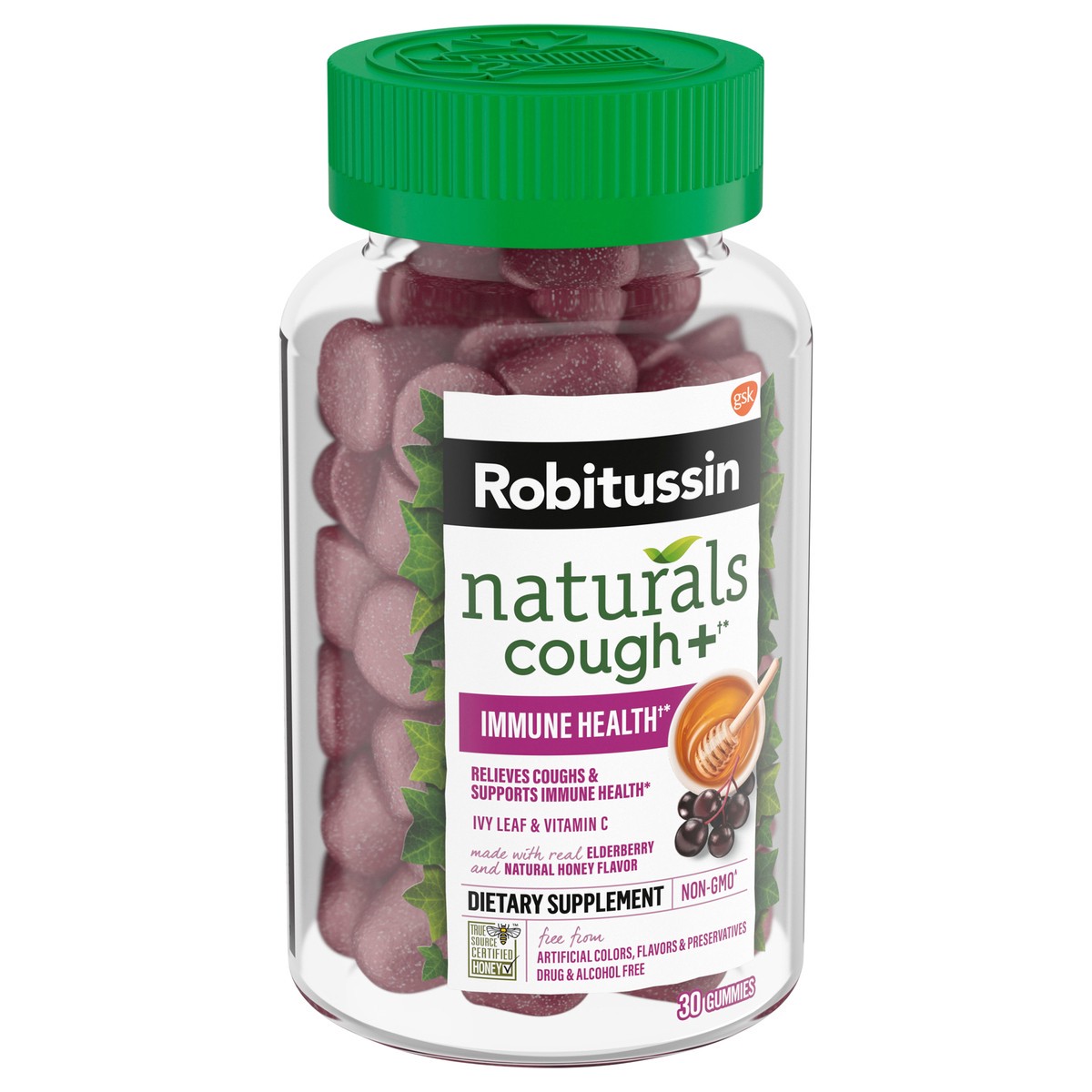 slide 3 of 9, Robitussin Naturals, Cough Relief & Immune Health, Honey & Elderberry Gummies 30Ct, 30 ct