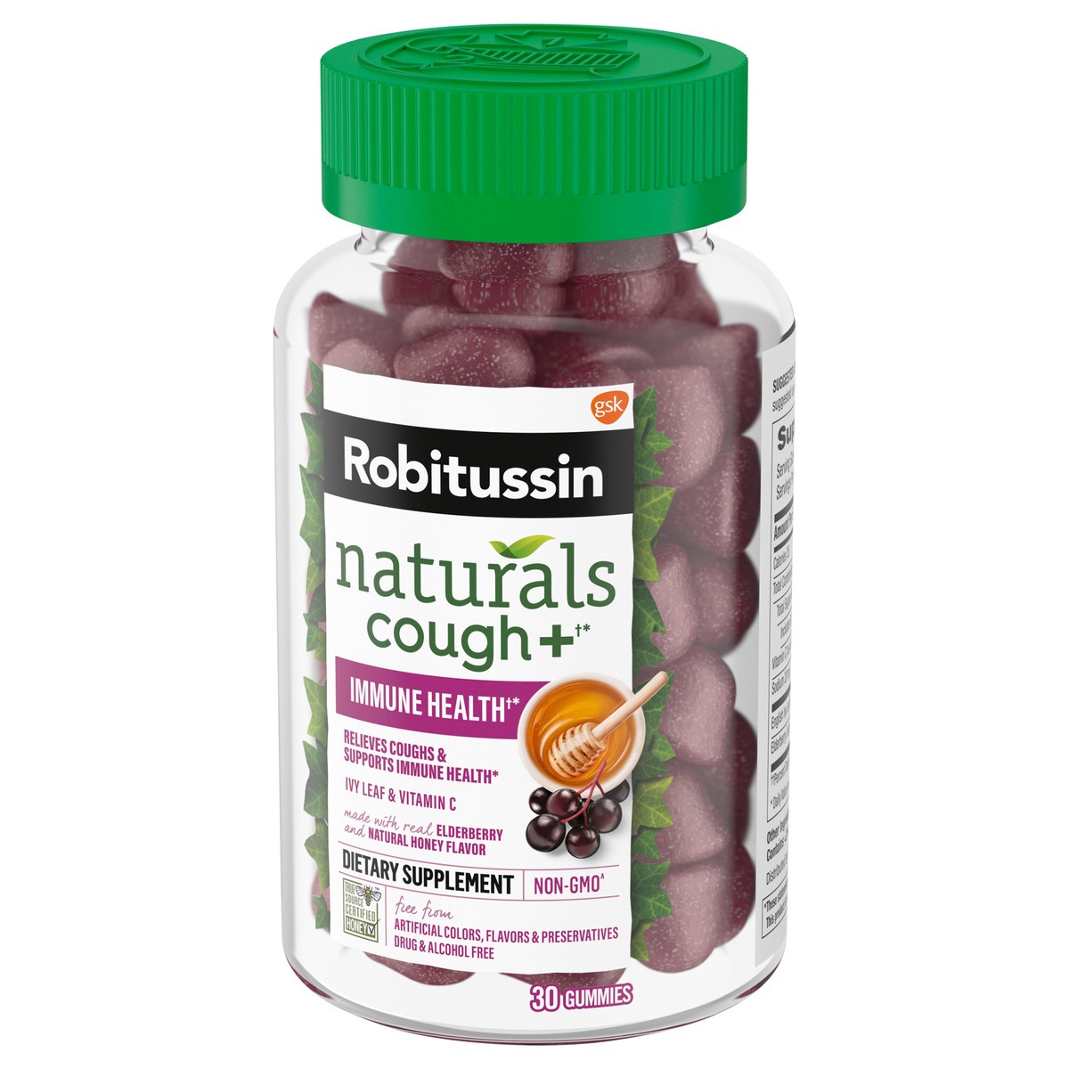 slide 8 of 9, Robitussin Naturals, Cough Relief & Immune Health, Honey & Elderberry Gummies 30Ct, 30 ct