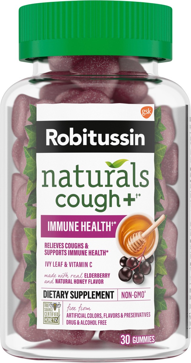 slide 4 of 9, Robitussin Naturals, Cough Relief & Immune Health, Honey & Elderberry Gummies 30Ct, 30 ct