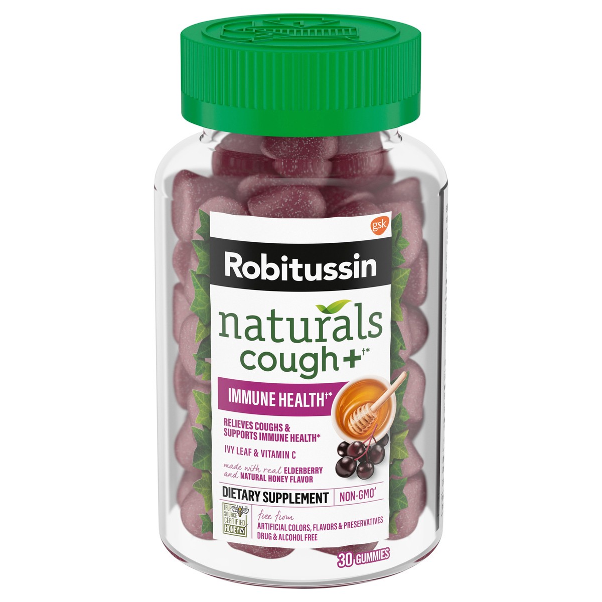 slide 1 of 9, Robitussin Naturals, Cough Relief & Immune Health, Honey & Elderberry Gummies 30Ct, 30 ct