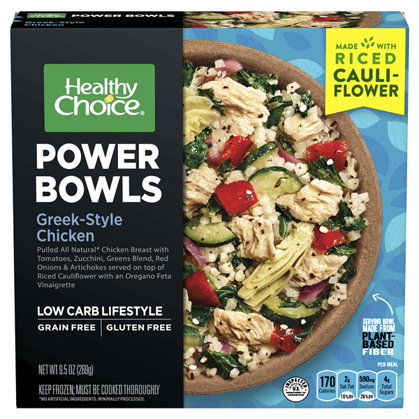 slide 1 of 3, Healthy Choice Power Bowls Greek-Style Chicken With Riced Cauliflower Frozen Meal, 9.5 oz