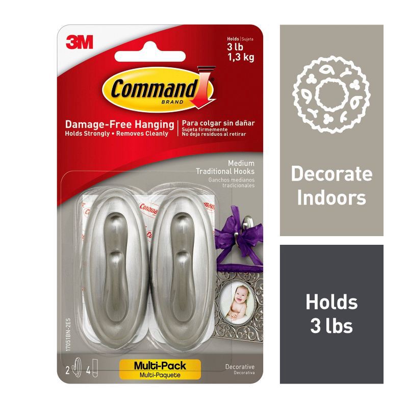 slide 2 of 12, Command Medium Sized Traditional Decorative Hooks Nickel: Wall Hooks for Curtain Rods, Silver, 3 lb Capacity, 2 Pack, 3 lb, 2 ct