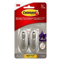 Command Medium Sized Traditional Decorative Hooks Nickel: Wall Hooks for Curtain Rods, Silver, 3 lb Capacity, 2 Pack