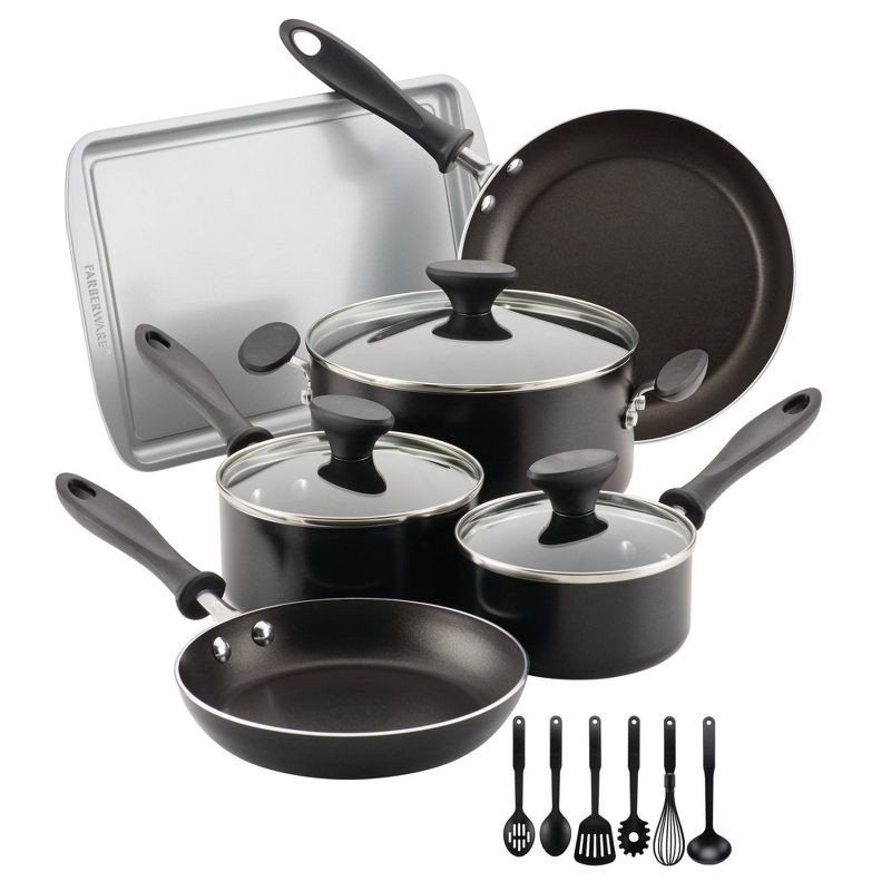 slide 1 of 9, Farberware Reliance 15pc Aluminum Nonstick Cookware Set with Prestige Tools Black: Gas & Electric Compatible Pot & Pan Set, 15 ct