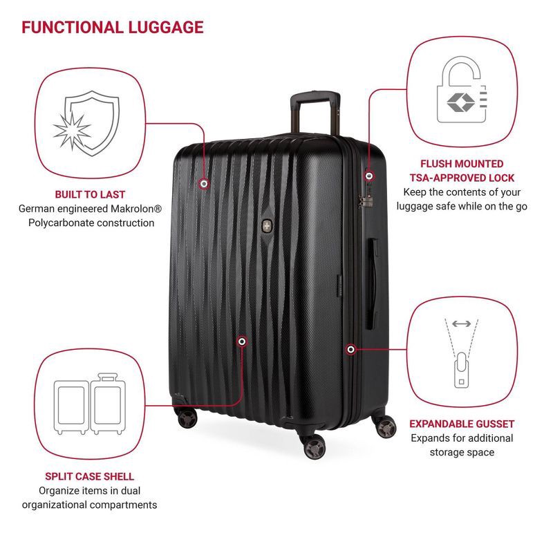 slide 3 of 10, SWISSGEAR Energie Hardside Large Checked Spinner Suitcase - Black: Expandable Luggage, 1 ct