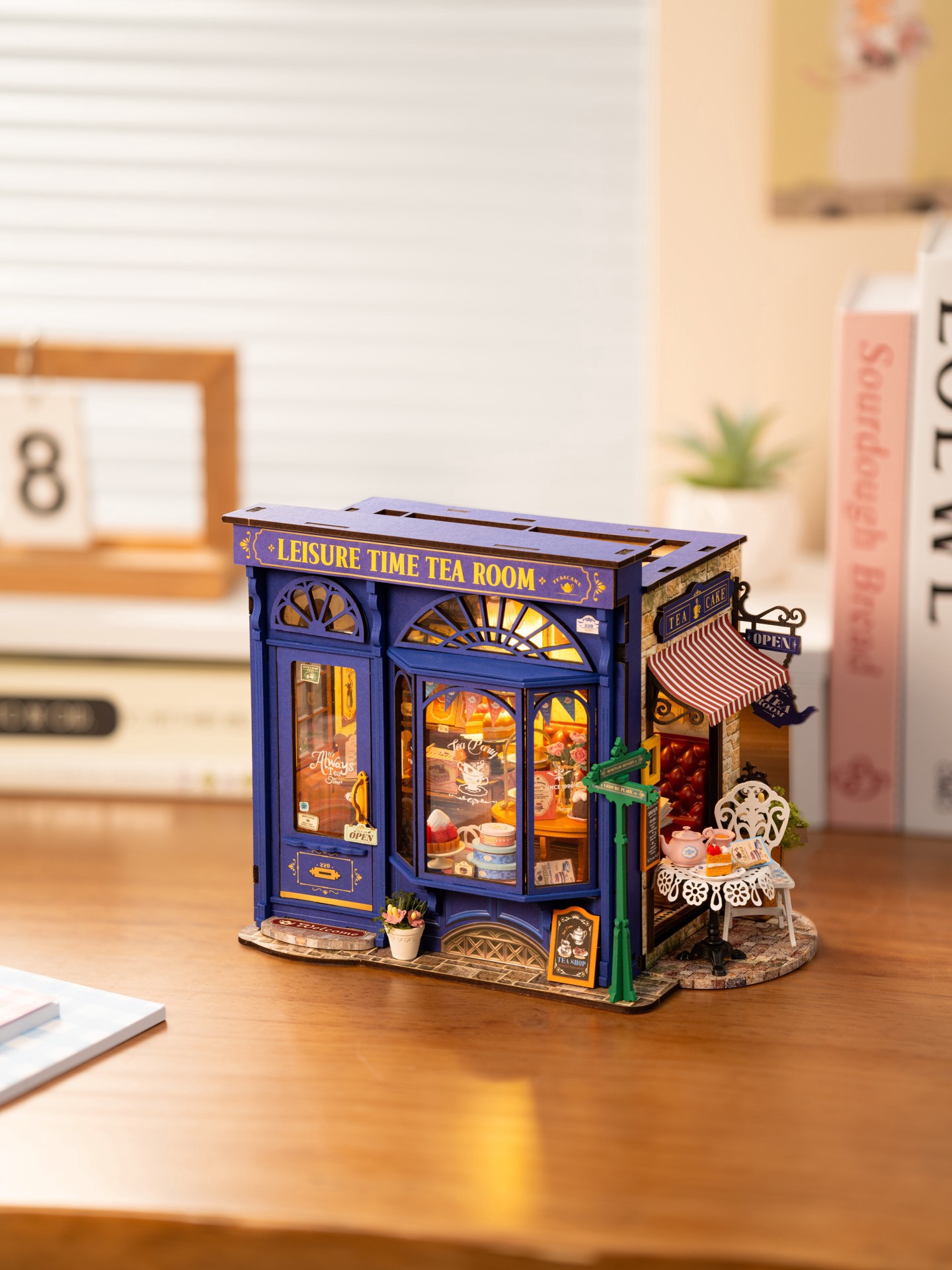 slide 6 of 9, Robotime Rolife Leisure Time Tea Room Diy Miniature House Kit, 9.45 in x 6.1 in x 7.09 in