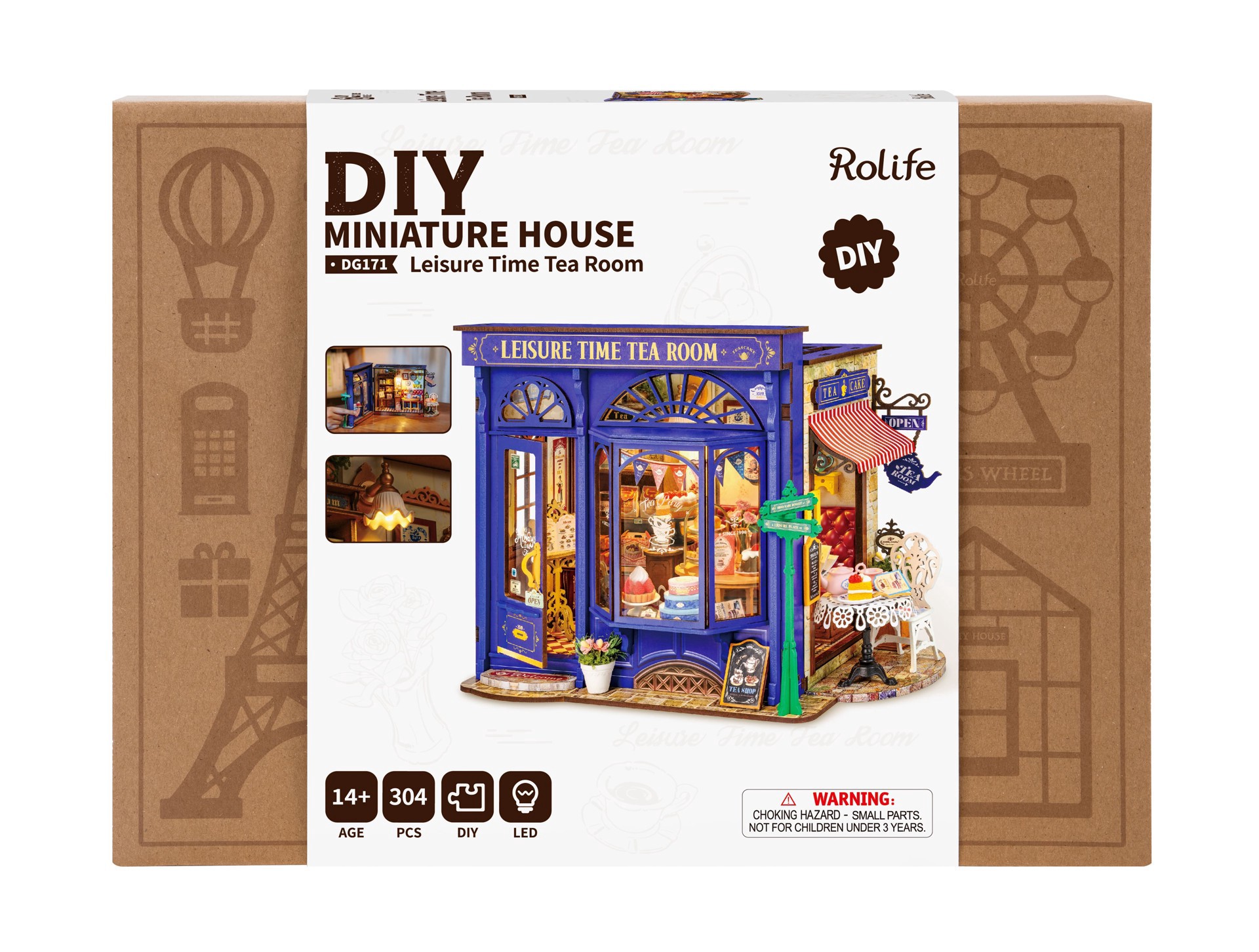 slide 8 of 9, Robotime Rolife Leisure Time Tea Room Diy Miniature House Kit, 9.45 in x 6.1 in x 7.09 in