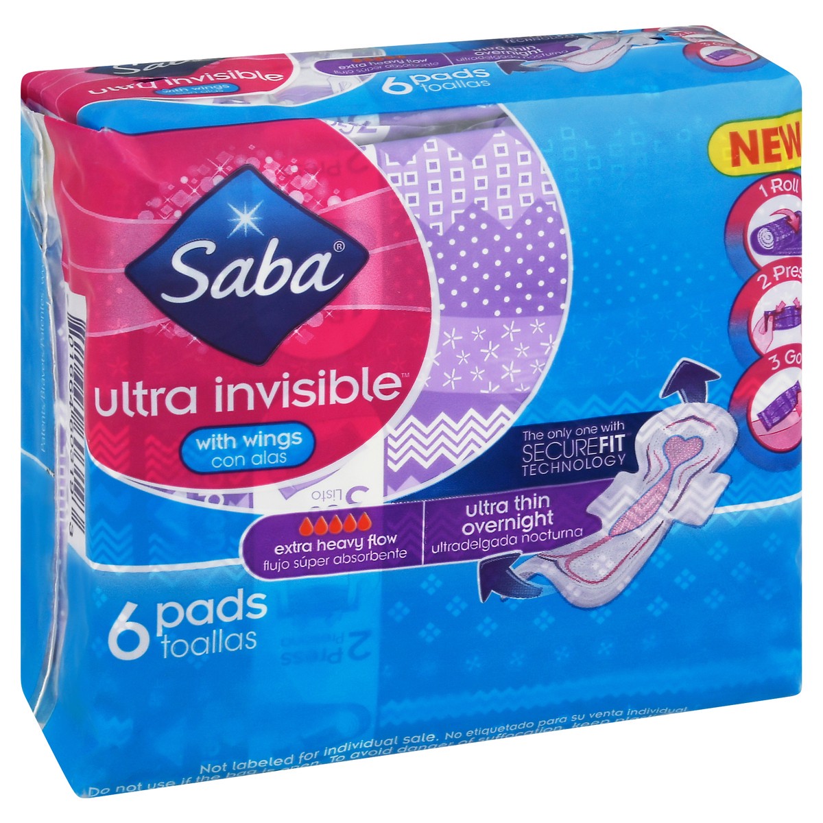 slide 5 of 9, Saba Ultra Invisible Extra Heavy Flow Ultra Thin Overnight with Wings Pads 6 ea, 6 ct