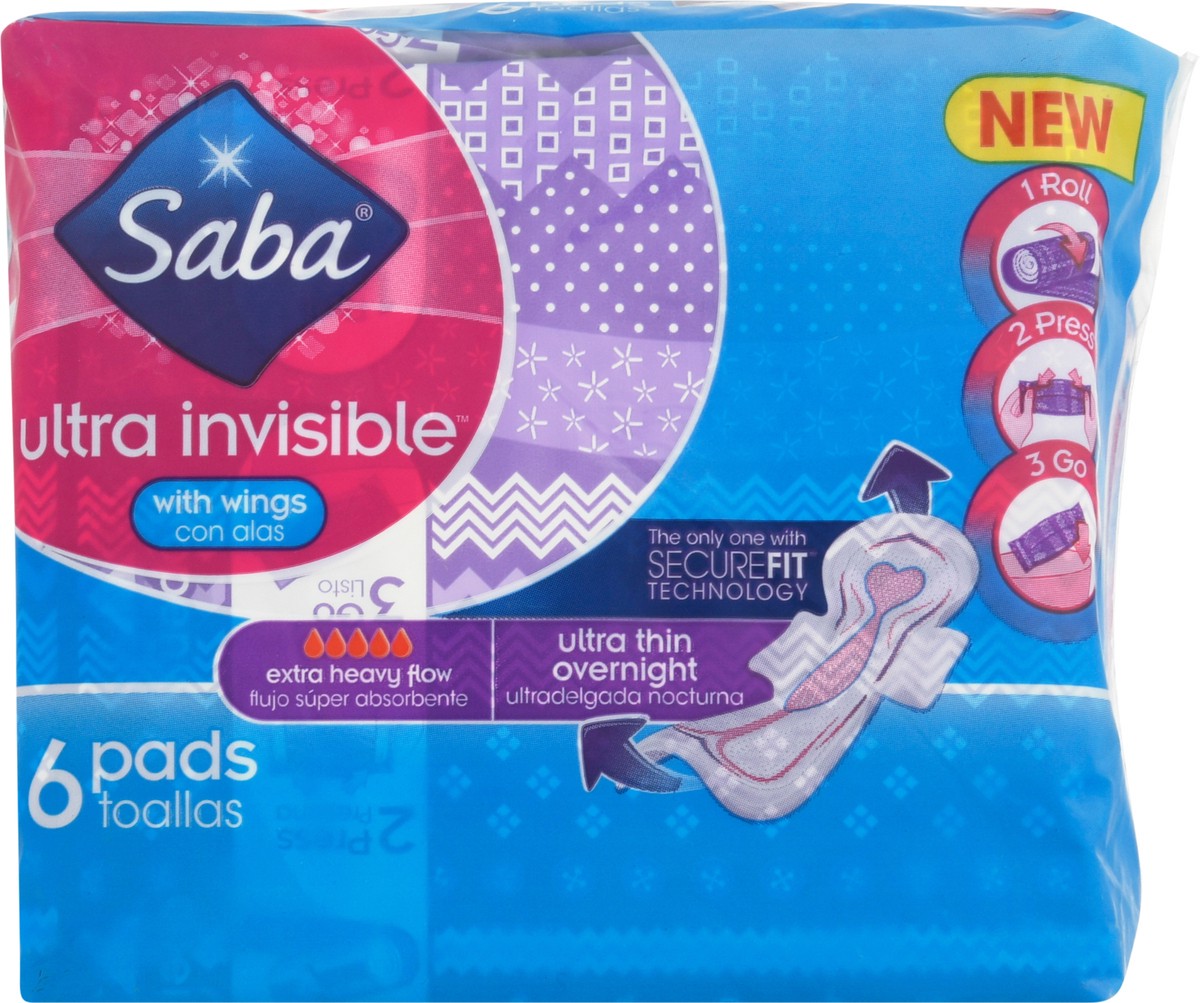 slide 1 of 9, Saba Ultra Invisible Extra Heavy Flow Ultra Thin Overnight with Wings Pads 6 ea, 6 ct